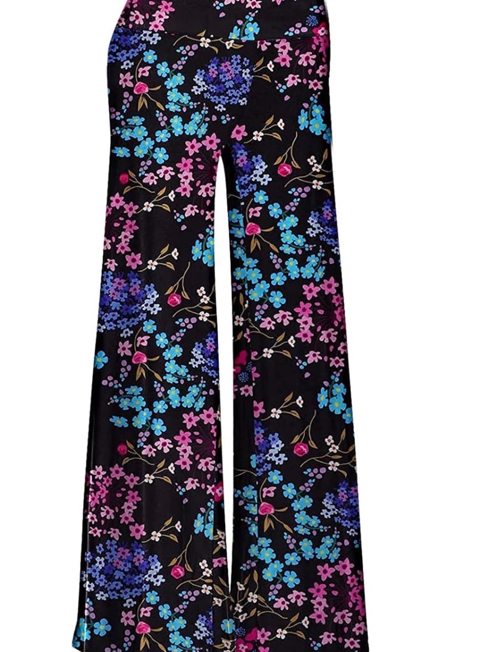Black Floral Wide-Leg Pants with Pink & Blue Print